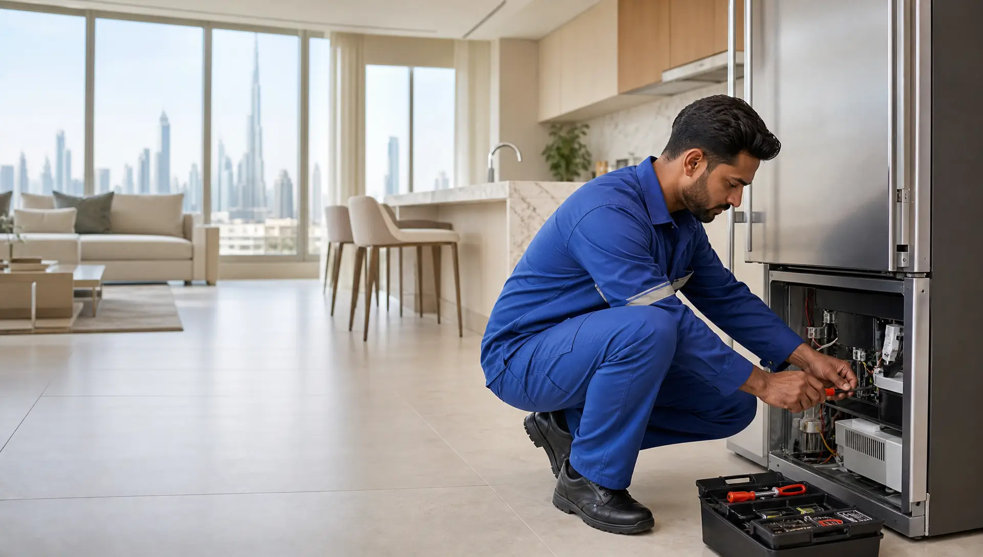 Professional technician repairing a refrigerator in a Dubai home